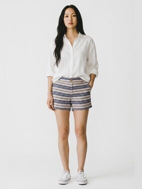 British Khaki Womens Blue Cream Striped 100% Linen Shorts Size 10 Pockets EUC